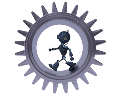 a robot in a cogwheel